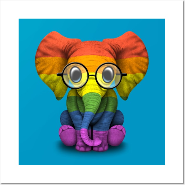 Baby Elephant with Glasses and Gay Pride Rainbow Flag Wall Art by jeffbartels